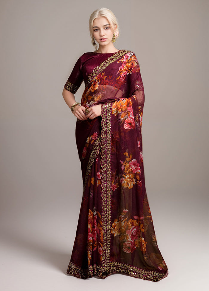 Wine Georgette Saree With Blouse Piece