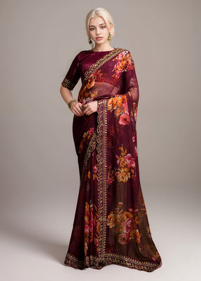 Wine Georgette Saree With Blouse Piece