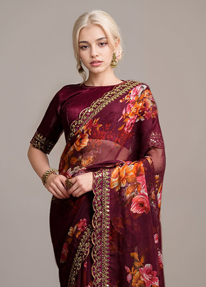 Wine Georgette Saree With Blouse Piece