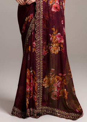 Wine Georgette Saree With Blouse Piece