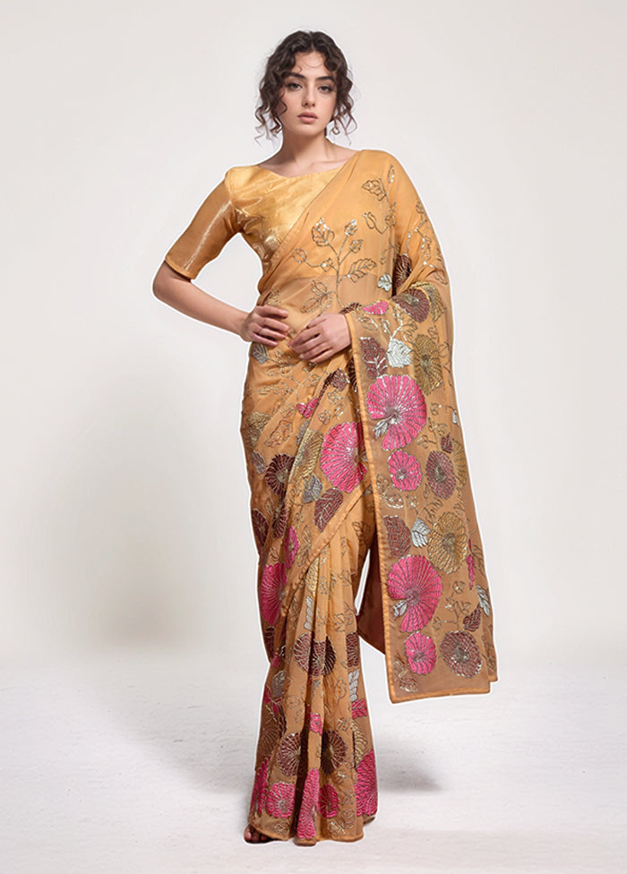Brown Georgette Saree With Blouse Piece