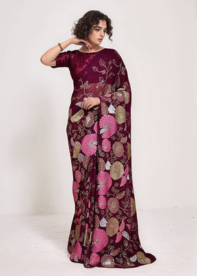 Wine Georgette Saree With Blouse Piece