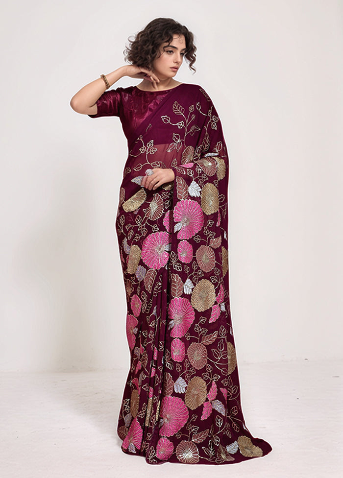 Wine Georgette Saree With Blouse Piece