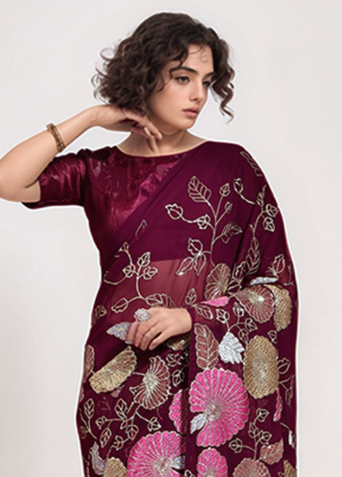 Wine Georgette Saree With Blouse Piece