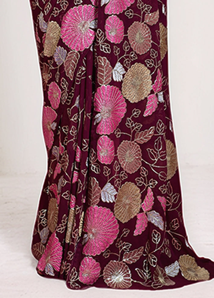 Wine Georgette Saree With Blouse Piece