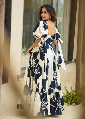 Blue Printed Work Cotton Gown