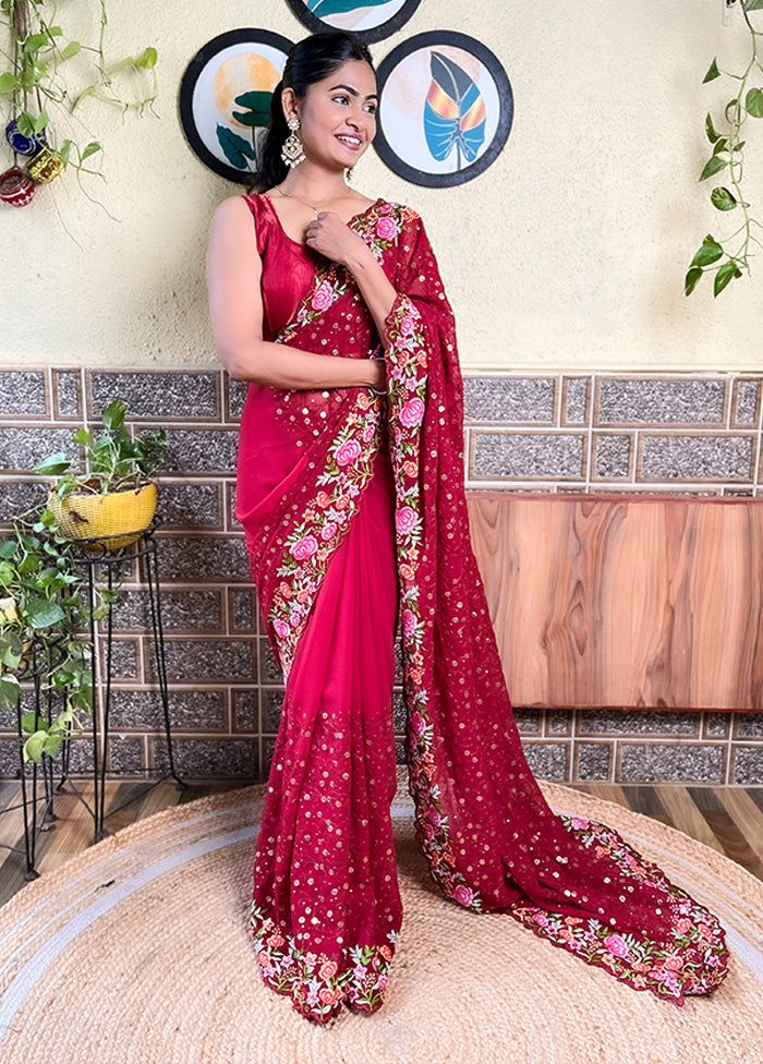 Maroon Georgette Saree With Blouse Piece