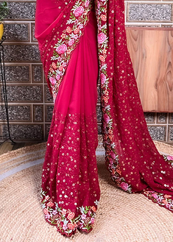 Maroon Georgette Saree With Blouse Piece