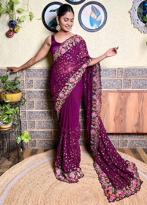Wine Georgette Saree With Blouse Piece