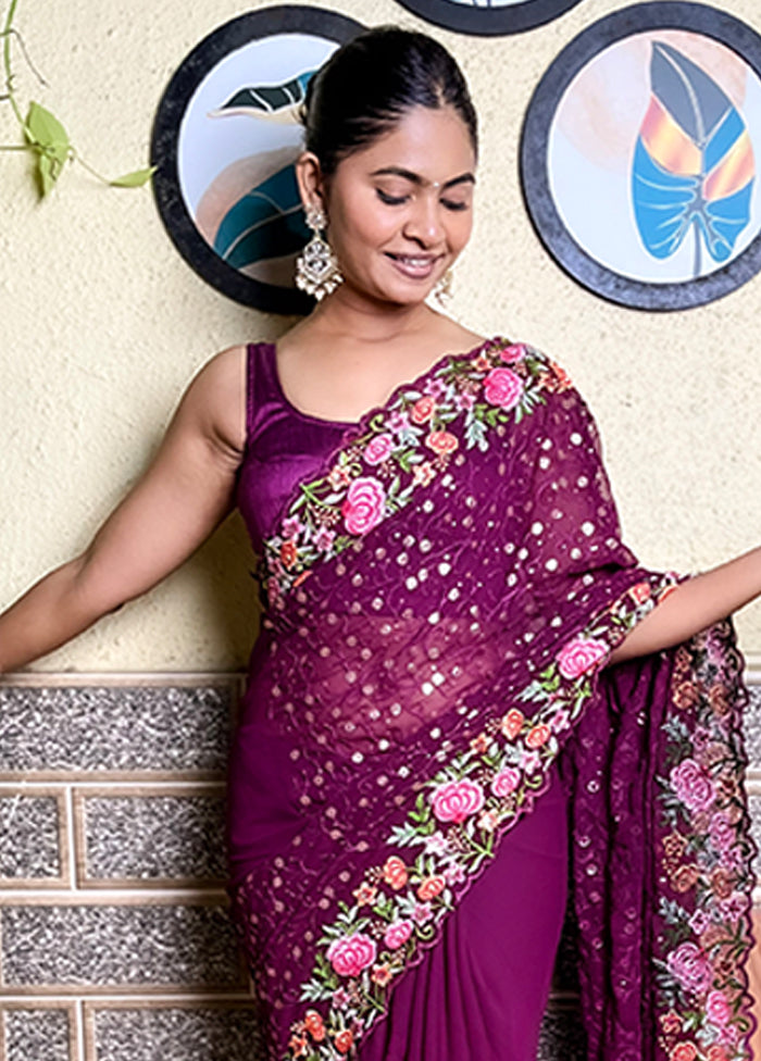 Wine Georgette Saree With Blouse Piece