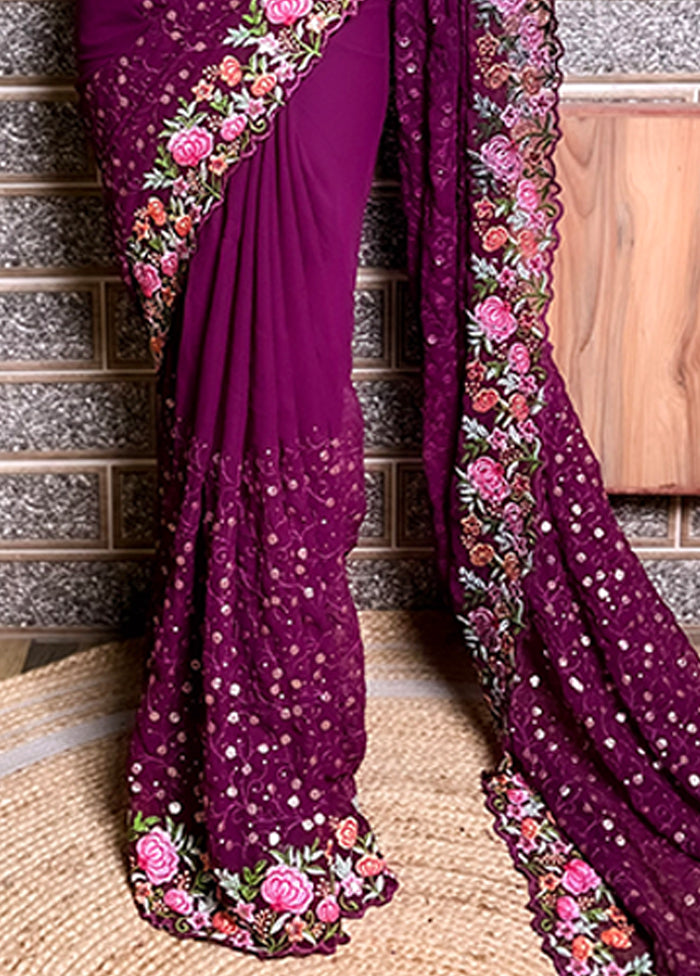 Wine Georgette Saree With Blouse Piece