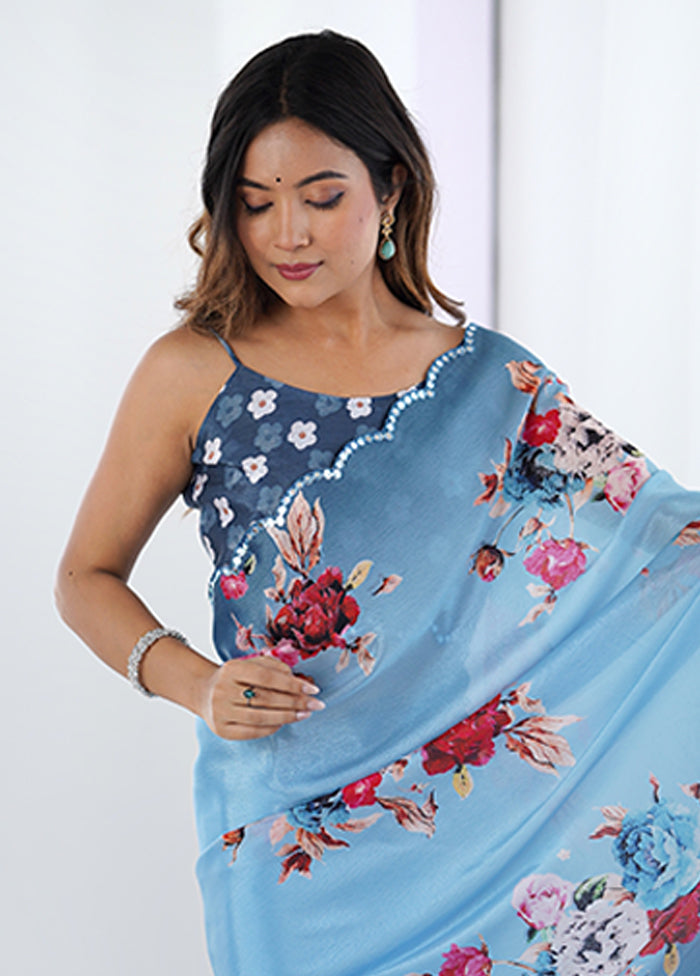 Blue Spun Silk Saree With Blouse Piece