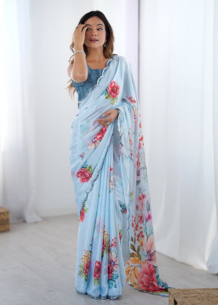 Blue Spun Silk Saree With Blouse Piece