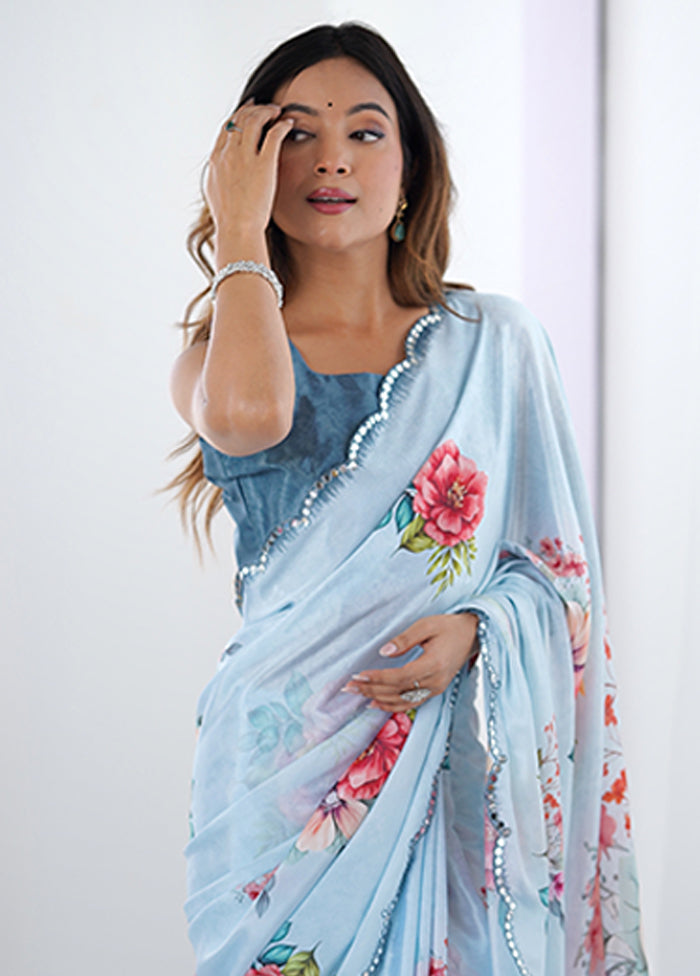 Blue Spun Silk Saree With Blouse Piece