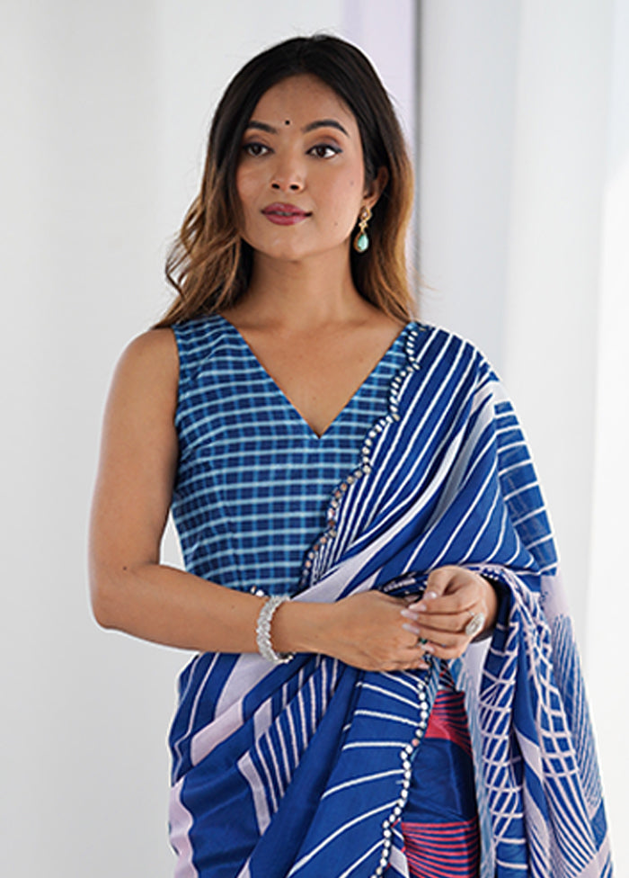 Blue Spun Silk Saree With Blouse Piece