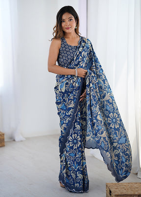 Blue Spun Silk Saree With Blouse Piece