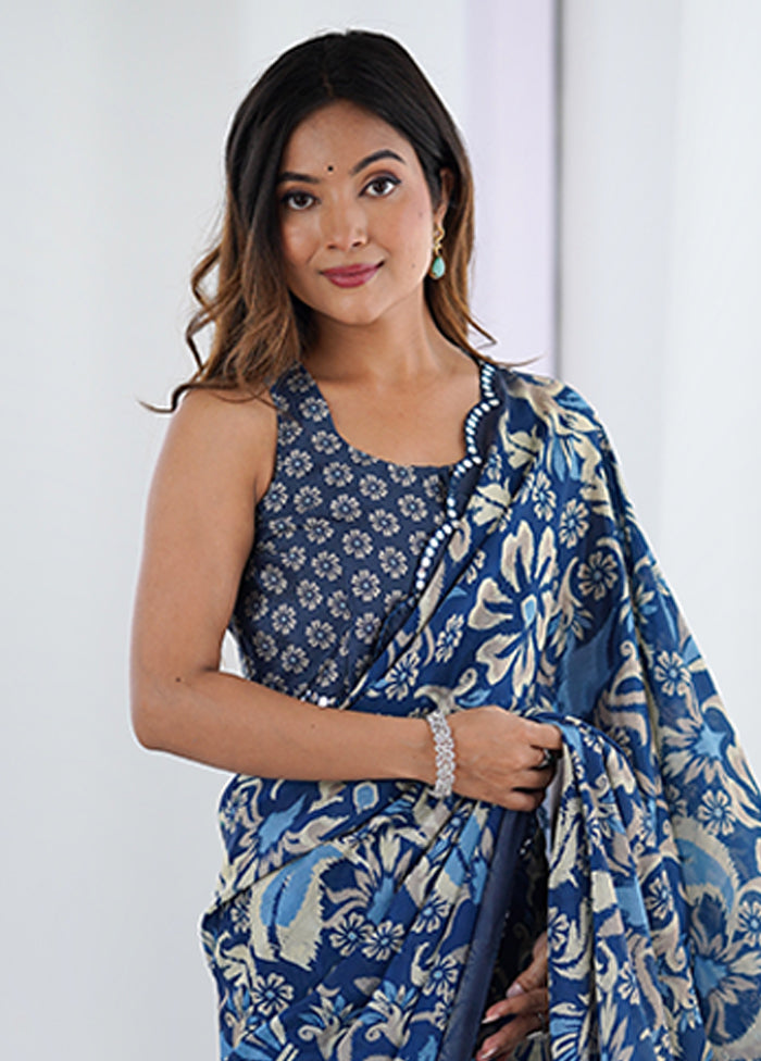 Blue Spun Silk Saree With Blouse Piece