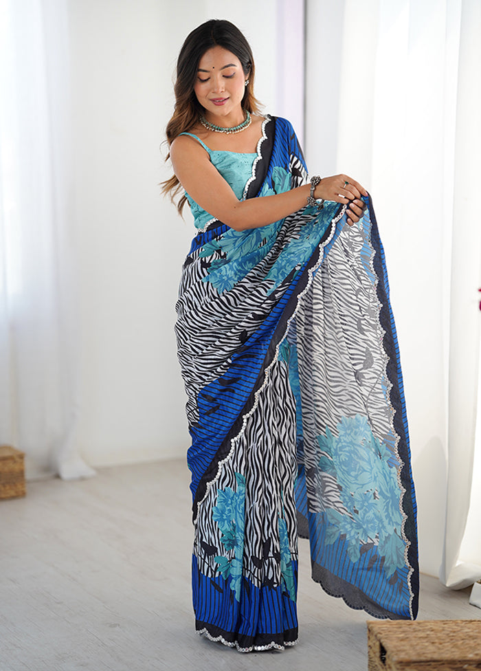 Blue Spun Silk Saree With Blouse Piece