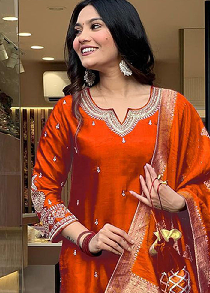 3 Pc Orange Silk Suit Set