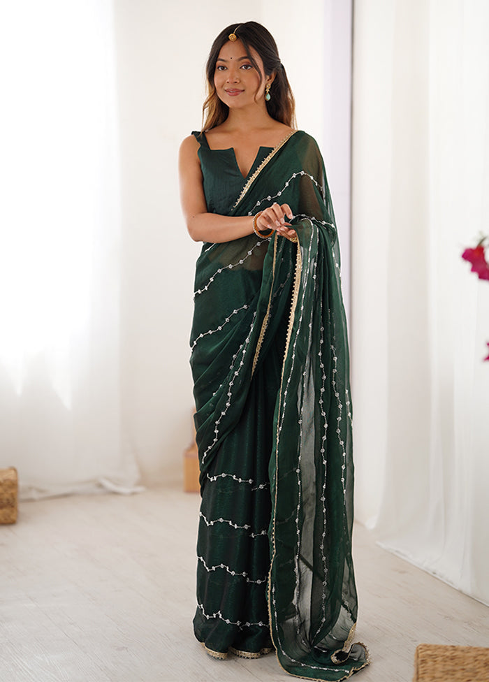 Green Spun Silk Saree With Blouse Piece