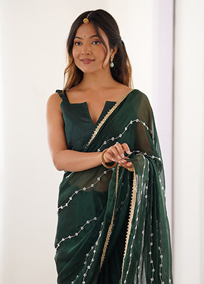 Green Spun Silk Saree With Blouse Piece