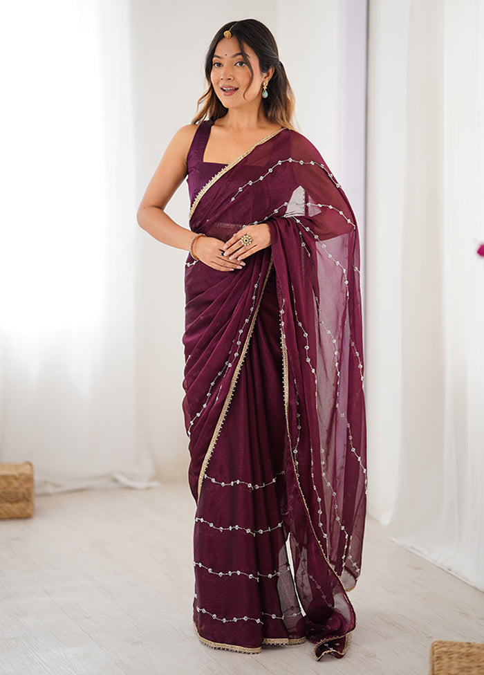 Wine Spun Silk Saree With Blouse Piece