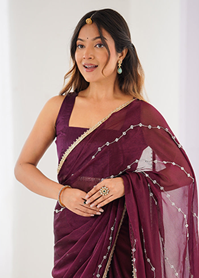Wine Spun Silk Saree With Blouse Piece