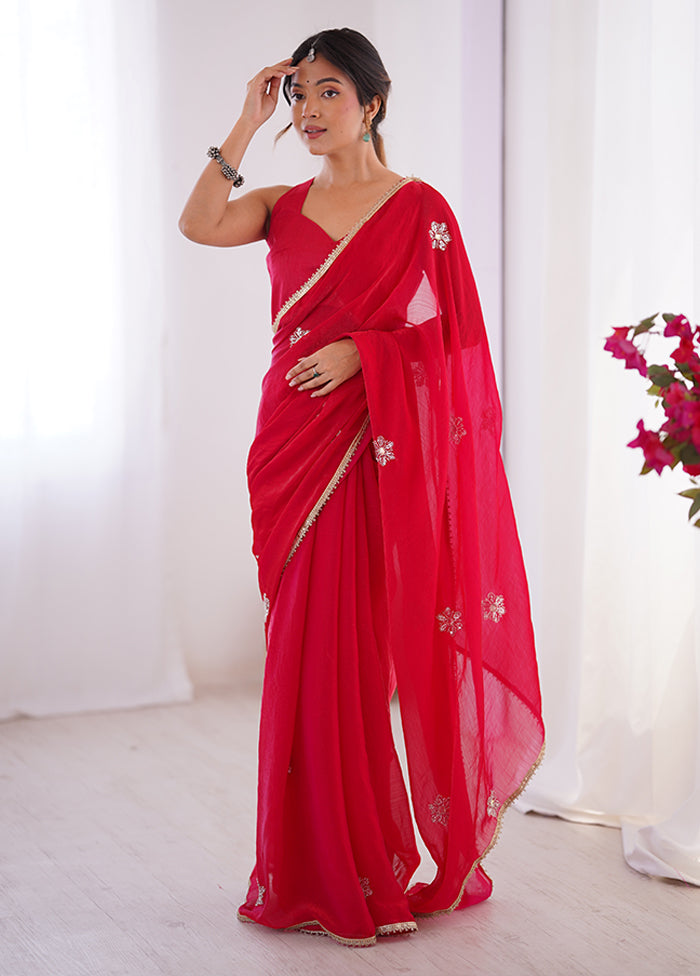 Red Spun Silk Saree With Blouse Piece