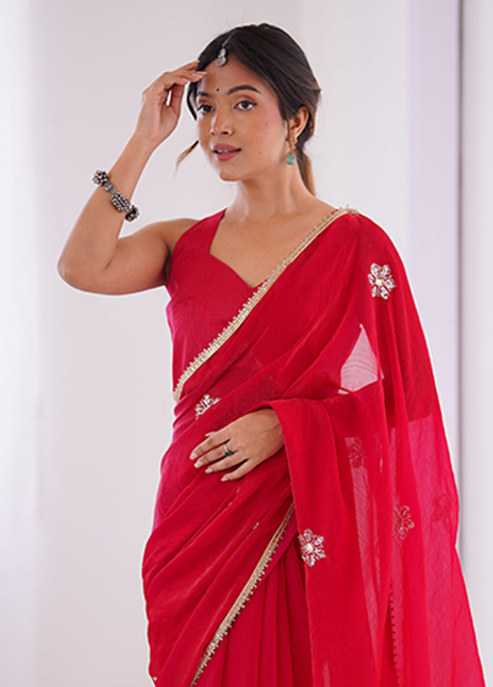 Red Spun Silk Saree With Blouse Piece