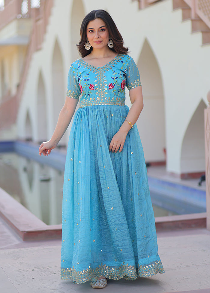 Blue Embroidery Work Silk Gown