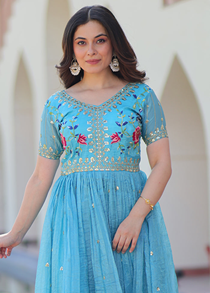 Blue Embroidery Work Silk Gown