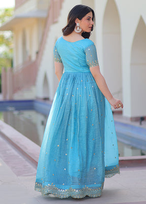 Blue Embroidery Work Silk Gown