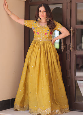 Yellow Embroidery Work Silk Gown