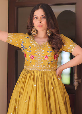 Yellow Embroidery Work Silk Gown