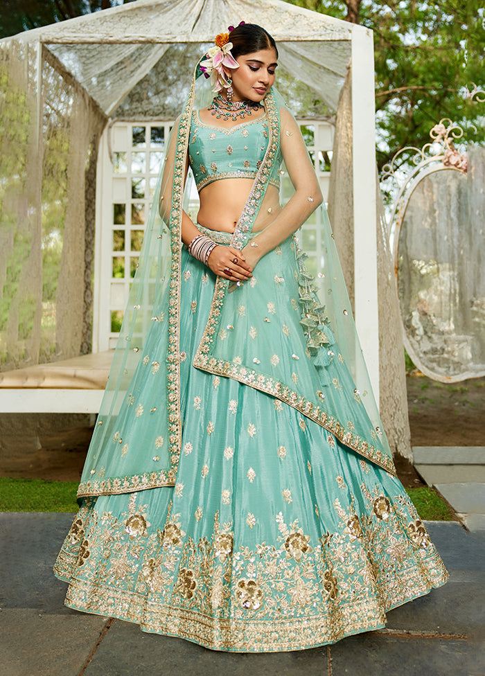 Green Blended Silk Lehenga Set
