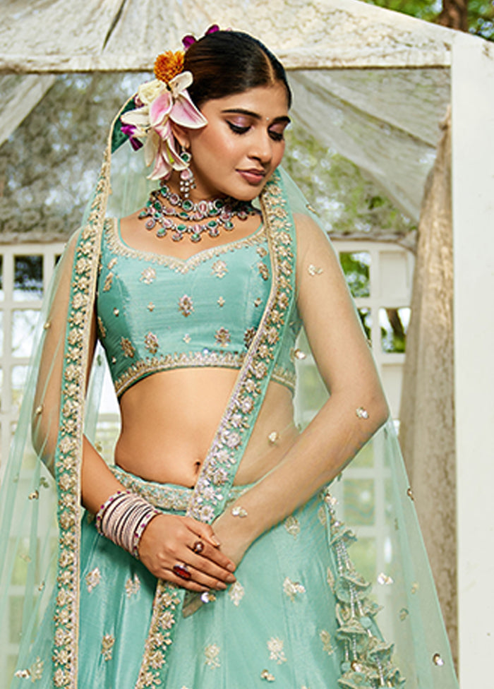 Green Blended Silk Lehenga Set