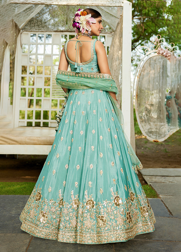 Green Blended Silk Lehenga Set