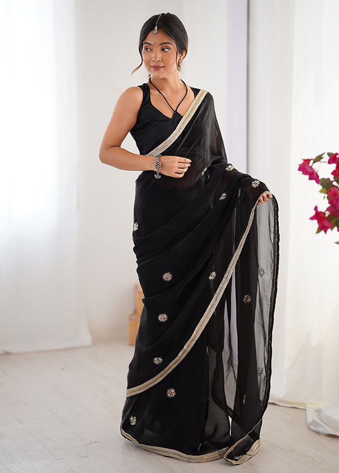 Black Spun Silk Saree With Blouse Piece