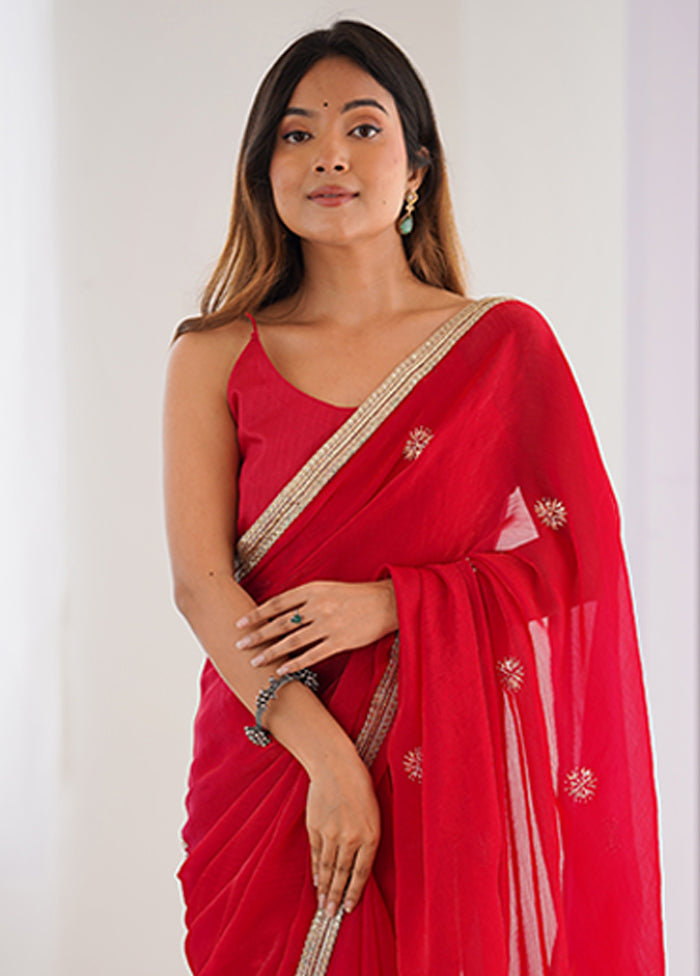 Red Spun Silk Saree With Blouse Piece