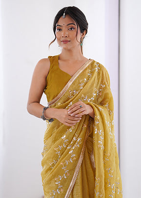 Yellow Spun Silk Saree With Blouse Piece