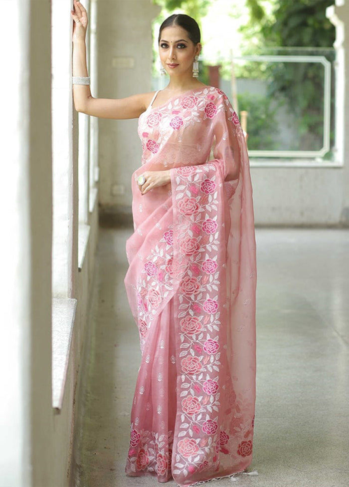Pink Organza Saree With Blouse Piece