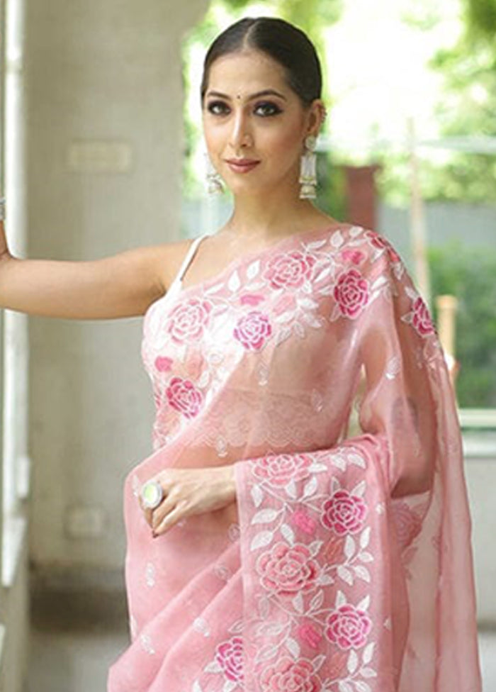 Pink Organza Saree With Blouse Piece