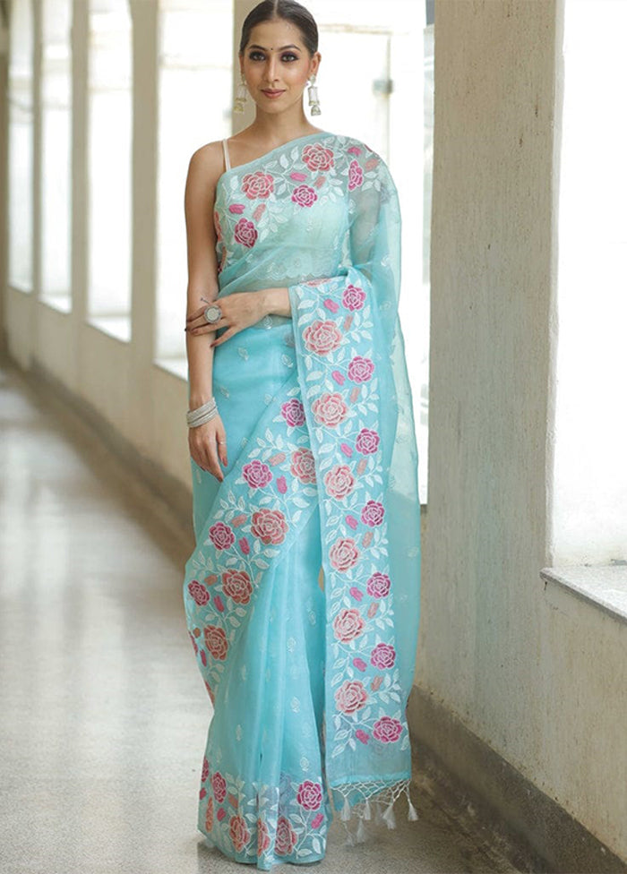 Blue Organza Saree With Blouse Piece