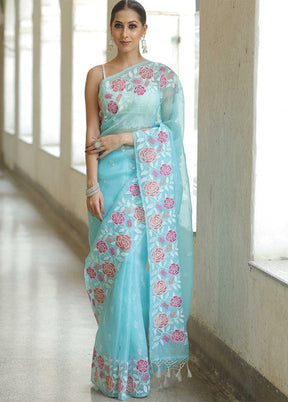 Blue Organza Saree With Blouse Piece