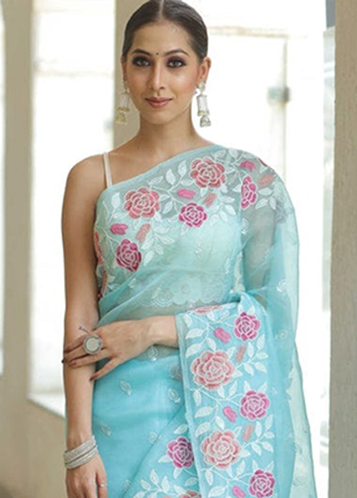 Blue Organza Saree With Blouse Piece
