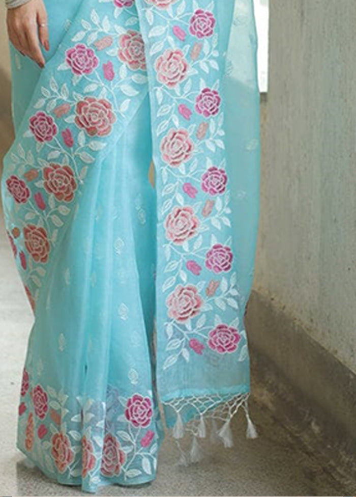 Blue Organza Saree With Blouse Piece