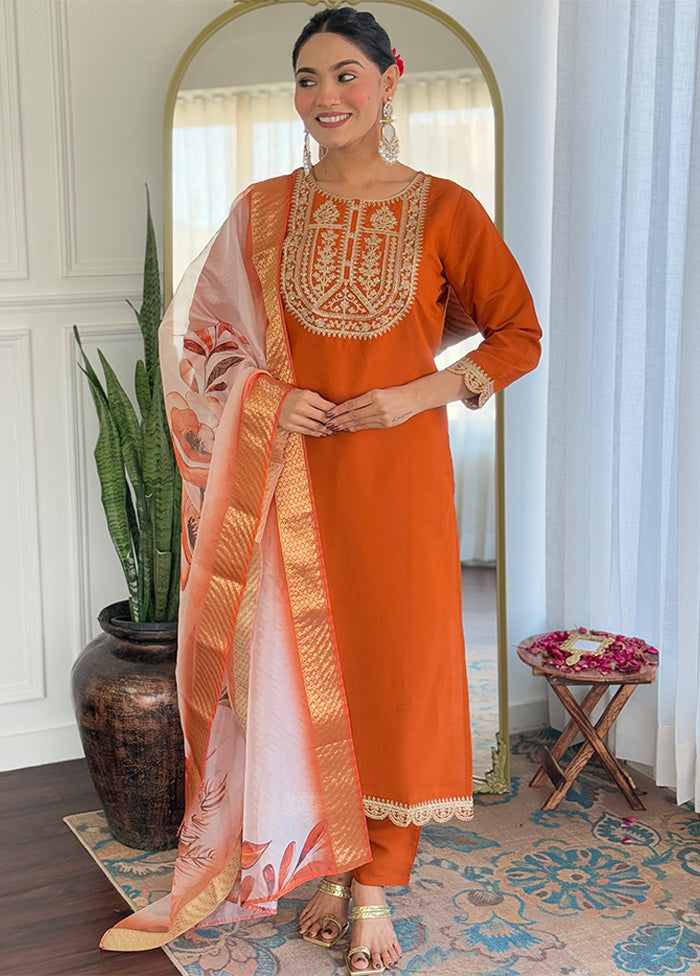 3 Pc Orange Silk Suit Set