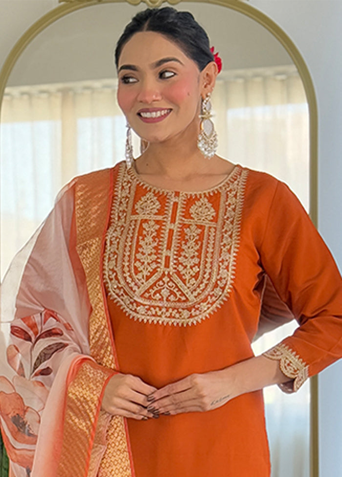 3 Pc Orange Silk Suit Set