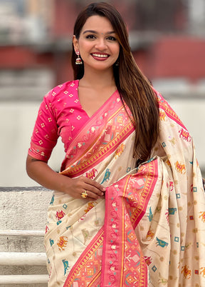 Cream Spun Silk Saree With Blouse Piece