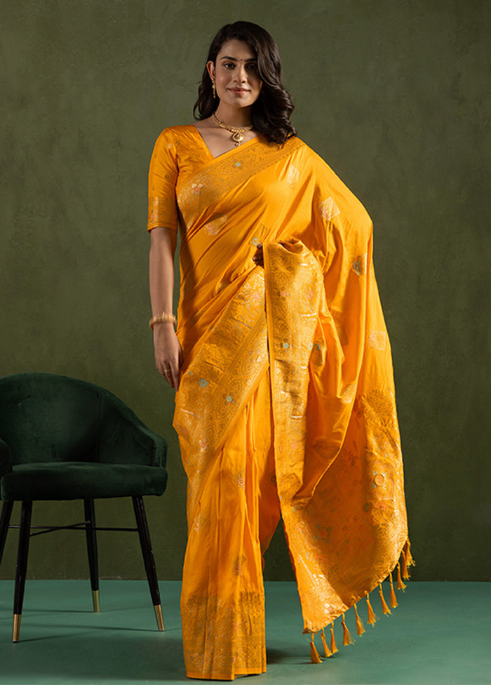 Yellow Spun Silk Saree With Blouse Piece